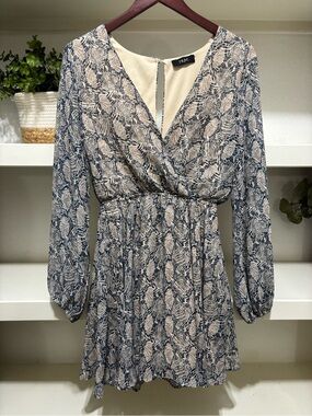 TRAC Blue and Cream Printed Long Sleeve Wrap Dress